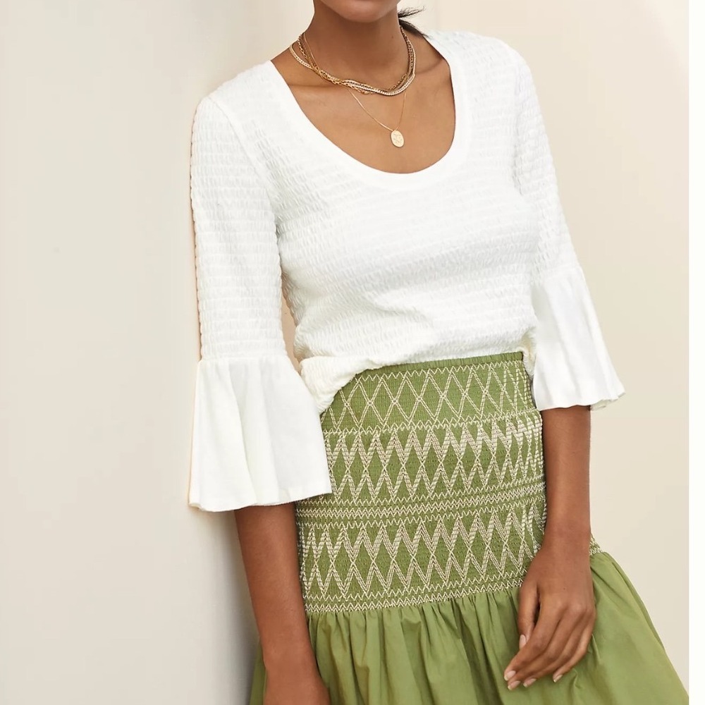 Anthropologie Smocked Bell-Sleeve Top White Size small
